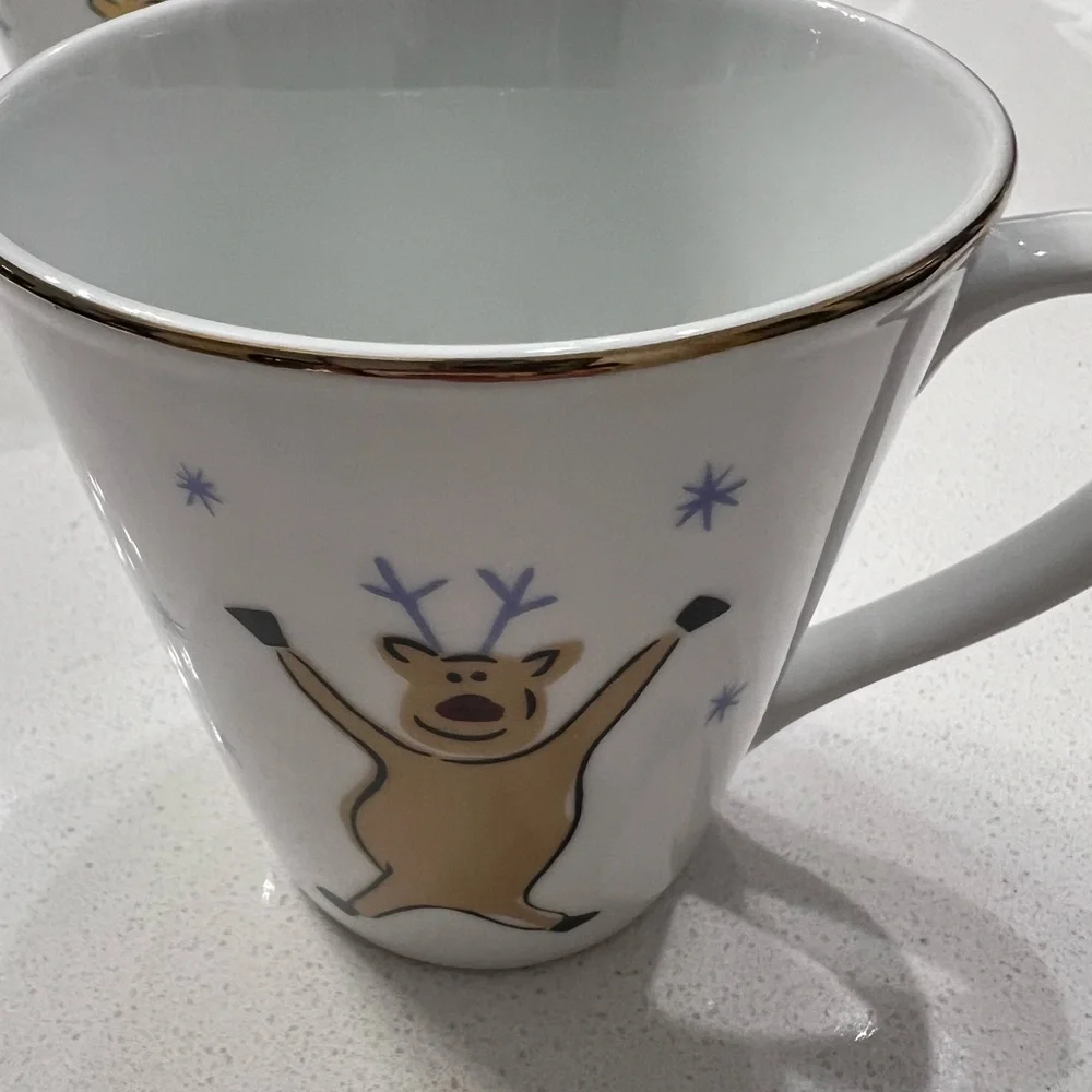 Merry Brite Whimsical Christmas Mugs Cups White‎ Porcelain Set Of 4